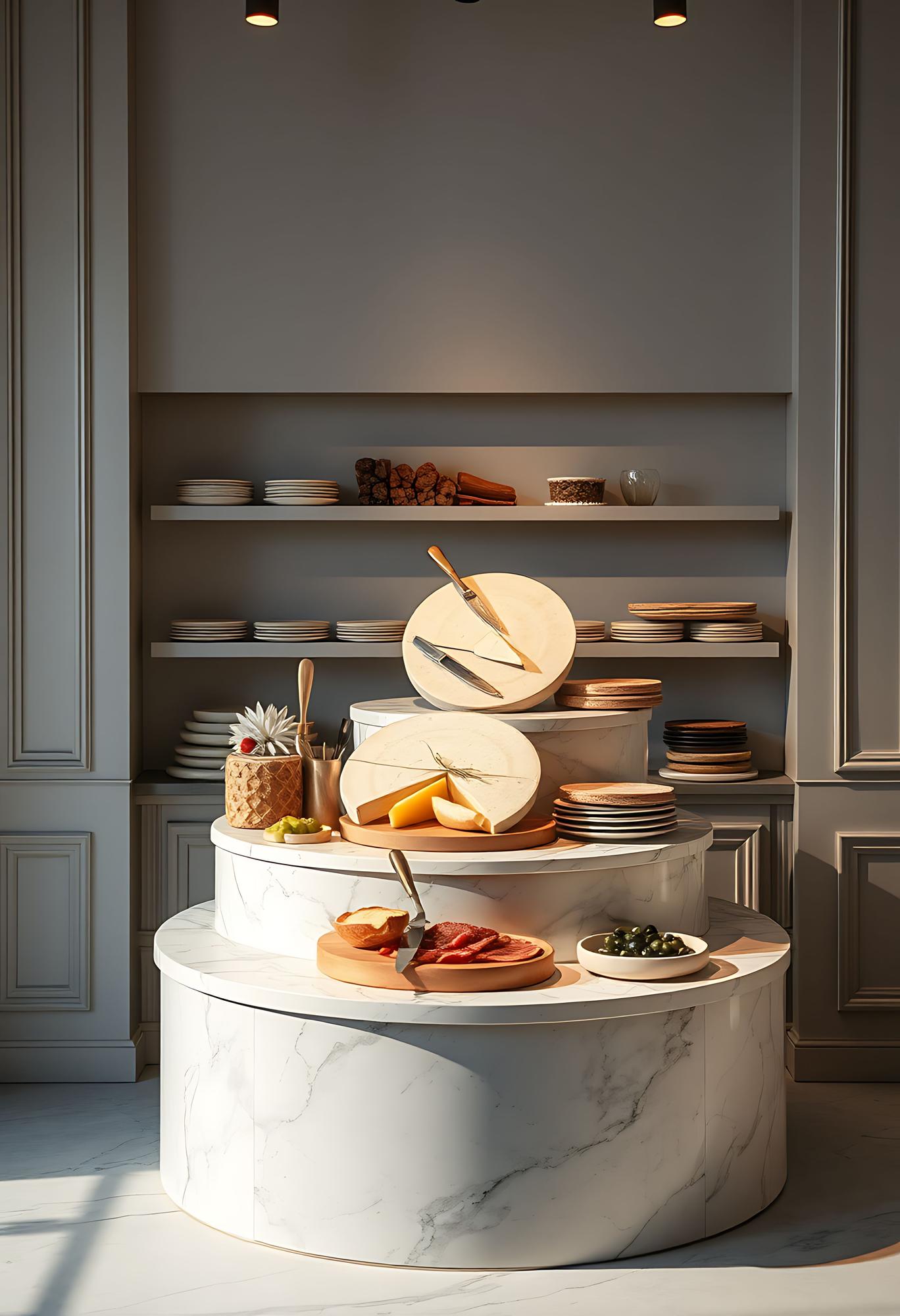 Studio interior with copper and marble surfaces